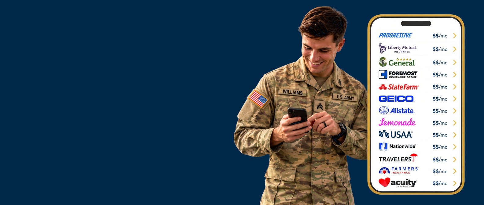 Illustrative soldier and carrier comparison phone; not live quotes